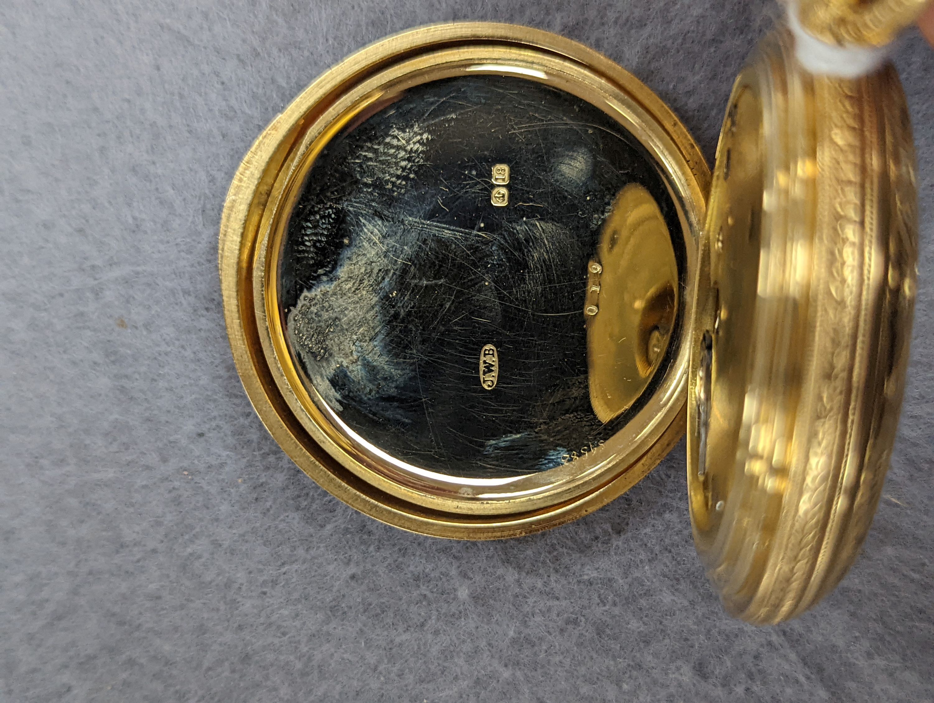 An Edwardian engraved 18ct gold half hunter keyless pocket watch, by J.W. Benson, with Roman dial and subsidiary seconds